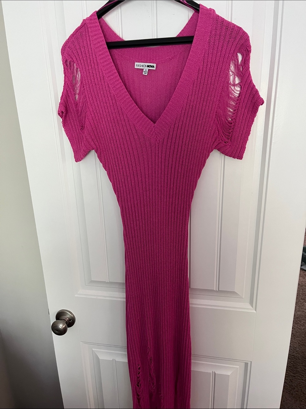 Fashion Nova Hot Pink Ribbed V-Neck Maxi with Distressed Sleeves